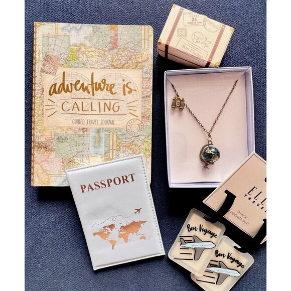 TRAVELER 5 Pc Gift Guided Journal Passport Cover Bag Tags Globe Necklace TRAVEL - Picture 10 of 10